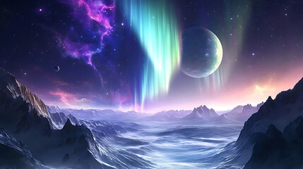 Poster - A beautiful aurora borealis on an alien planet, with the planet’s moons visible in the background and distant galaxies glowing faintly.
