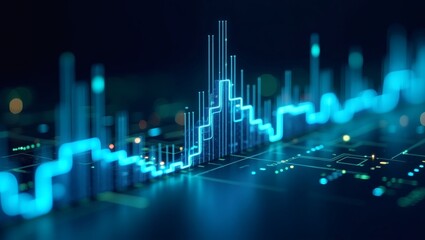 Poster - stock market charts, with lines and bars in shades of blue, showing the rise and fall of data
