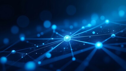 Aufkleber - an interconnected network of blue glowing nodes on a dark backdrop. The nodes are connected by lines, forming a complex web of communication