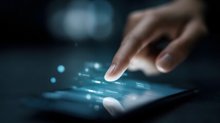 Poster - A hand interacting with a mobile screen displaying a digital transaction interface