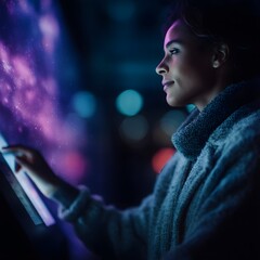 Poster - Person scanning card on futuristic terminal with glowing UI