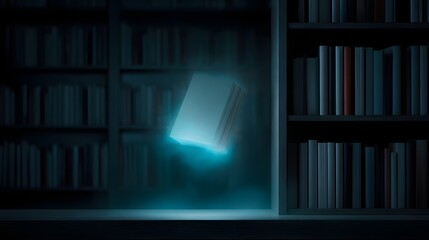 Poster - Holographic book floating from a dark bookshelf