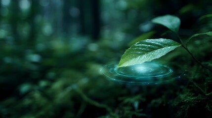 Poster - Glowing digital leaf hovering in a forest with data rings orbiting