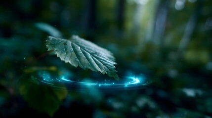 Poster - Glowing digital leaf hovering in a forest with data rings orbiting