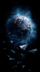 Poster - Holographic Earth surrounded by soaring paper airplanes