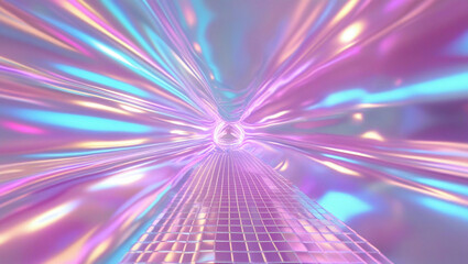 Poster - Abstract tunnel with grid floor and iridescent light streaks converging to a central point