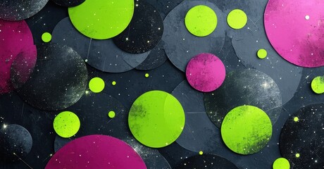 Aufkleber - Abstract circles overlap dark space. Vivid green, pink, gray hues create dynamic texture. Stars add depth, visual interest.