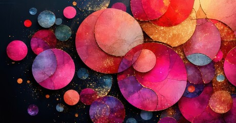 Aufkleber - Abstract circles overlap, creating vibrant color blends. Pink, red, purple hues dominate with golden sparkles. Dynamic composition.