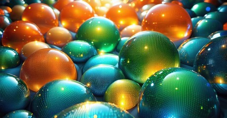 Poster - Colorful spheres fill frame. Bright reflections, vibrant hues create dazzling visual texture. Depth suggests many layers.