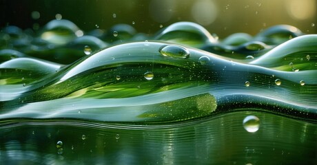 Poster - Green liquid surface shows waves, bubbles, droplets. Smooth texture, vibrant colors, soft light creates abstract feel.