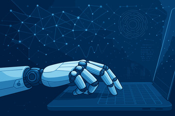 Poster - Robot hand typing on laptop keyboard. Artificial intelligence and machine learning concept. Cybernetic arm working with big data on a futuristic network background. Automation.