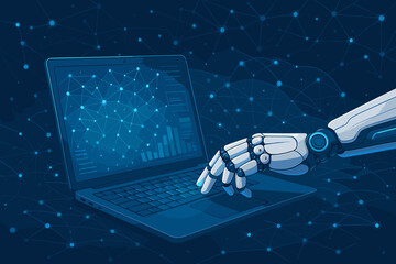 Poster - Cybernetic robot hand typing on a laptop computer. Artificial intelligence working on data analysis and machine learning. Futuristic technology concept with network and charts.