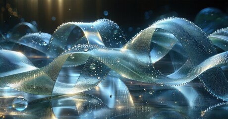 Poster - Abstract flowing ribbons, luminous blue tones, droplets. Digital art, futuristic design, dynamic composition, soft lighting.