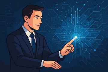 Poster - Digital transformation concept with a businessman touching a futuristic network interface. Innovation in technology, AI, big data, and global connectivity. Business strategy vector.
