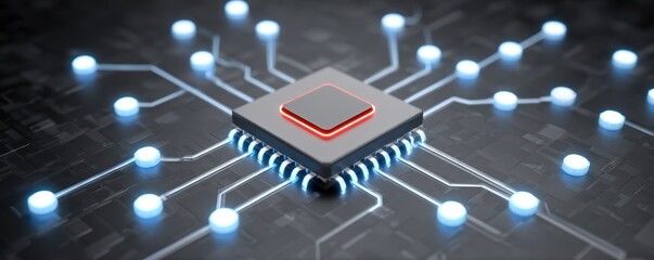 Poster - A close-up digital rendering of a microchip connected to glowing blue circuit nodes on a dark, futuristic motherboard.