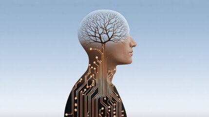 Poster - A human head silhouette with a tree inside the brain area, connected to circuit board patterns symbolizing technology and nature integration.