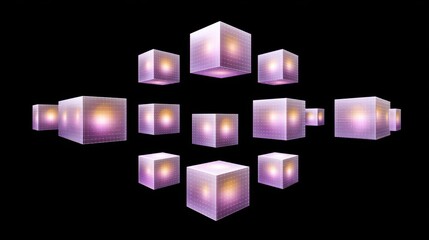 Poster - Floating digital cubes emitting a glowing purple and yellow light on a black background, creating a futuristic and abstract 3D grid pattern.