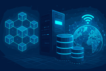 Poster - Futuristic digital network concept with server, database, and global connection. Blockchain technology and cloud computing illustration for big data and internet communication.