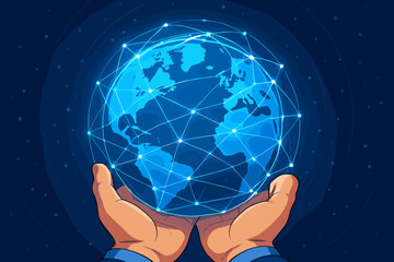Poster - Global communication network technology concept. Hands holding glowing Earth with digital connections. Worldwide business, internet, big data, and globalization. Future innovation vector.