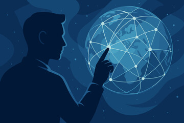 Poster - Businessman silhouette touching a global network connection point on a world map hologram. Concept for international business, technology, internet, data, and future communication.