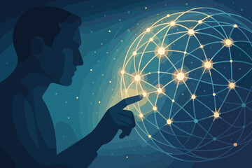Poster - Man touching a glowing global network sphere. Concept of future technology, internet communication, big data, AI, digital transformation, innovation, globalization and connection.