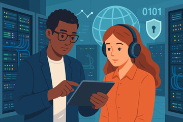 Poster - Diverse IT specialists team working in data center server room. Man and woman colleagues collaborating, using tablet. Network administration, cybersecurity, cloud technology concept.