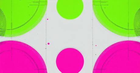 Aufkleber - Abstract composition featuring vibrant circles, dots, curved lines. Green, pink hues dominate neutral gray background. Modern design.