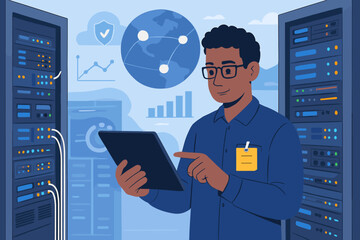 Poster - IT specialist managing server rack in data center with tablet. Network engineer monitoring cloud computing infrastructure. Cybersecurity and big data analytics concept vector.