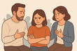 © Clara - Family conflict illustration. Worried parents talking to angry teenage daughter. Difficult conversation, generation gap, and communication problems concept. Stubborn girl ignoring sad parents.