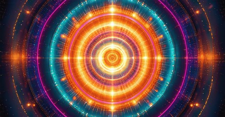 Poster - Bright concentric circles radiate outward. Vivid orange, teal, purple hues create tunnel effect. Sparkling lights enhance depth.
