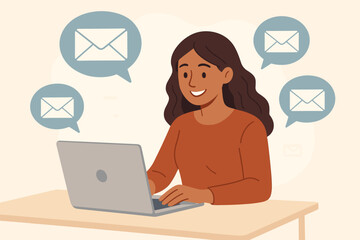 Fototapete - Woman Sending Emails Using Laptop. Email Marketing Campaign Concept. Digital Communication, Newsletter, Online Messaging, Remote Work, Female Office Worker, Modern Technology, Vector Illustration