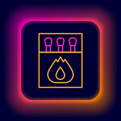 Poster - Glowing neon line Open matchbox and matches icon isolated on black background. Colorful outline concept. Vector
