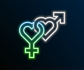 Poster - Glowing neon line Gender icon isolated on black background. Symbols of men and women. Sex symbol. Colorful outline concept. Vector