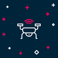 Poster - Line Smart drone system icon isolated on blue background. Quadrocopter with video and photo camera symbol. Colorful outline concept. Vector