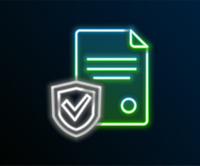 Fototapete - Glowing neon line Contract with shield icon isolated on black background. Insurance concept. Security, safety, protection, protect concept. Colorful outline concept. Vector