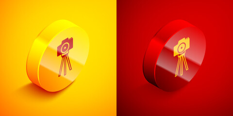 Poster - Isometric Photo camera icon isolated on orange and red background. Foto camera. Digital photography. Circle button. Vector