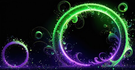 Fototapete - Vibrant circles, swirls, glowing effects dominate dark background. Abstract design evokes energy, mystery, futuristic feel.