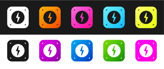 Poster - Set Lightning bolt icon isolated on black and white background. Flash sign. Charge flash icon. Thunder bolt. Lighting strike. Vector