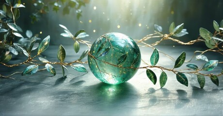 Poster - Glass sphere rests amid foliage. Soft light creates magical, serene atmosphere. Delicate branches surround orb, enhancing visual appeal.