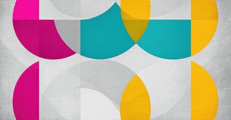 Aufkleber - Abstract geometric composition. Overlapping circles create dynamic texture, using pink, teal, yellow hues over gray background. Modern design.