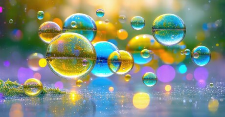 Poster - Colorful bubbles float, reflect light. Vibrant hues create abstract, dreamy scene. Water droplets shimmer, sparkle beautifully.