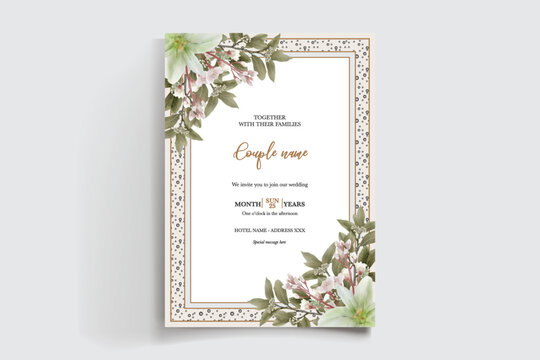 WEDDING INVITATION FRAME WITH FLOWER DECORATIONS AND FRESH LEAVES