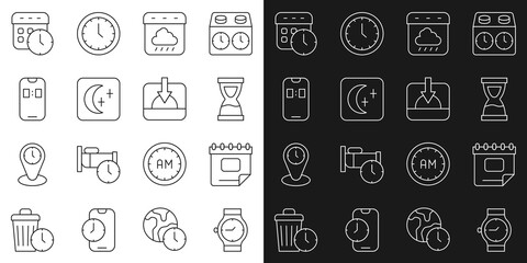 Poster - Set line Wrist watch, Calendar, Old hourglass, autumn, Moon and stars, Alarm clock app mobile, and Sunset icon. Vector