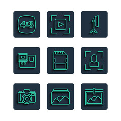 Poster - Set line Photo camera, frame, Studio light bulb in softbox, SD card, Action extreme, 4 and Camera focus line icon. Vector