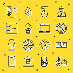 Poster - Set line Nuclear power plant, Electric light switch, No lightning, Computer mouse, Light bulb with leaf, Switch electronic circuit, extension and Laptop icon. Vector