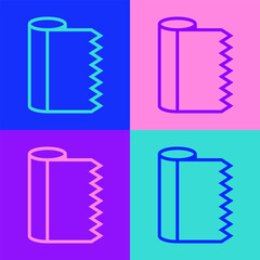 Poster - Pop art line Textile fabric roll icon isolated on color background. Roll, mat, rug, cloth, carpet or paper roll icon. Vector
