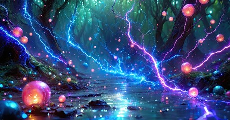 Poster - Magical forest scene. Glowing orbs float amidst trees, illuminated by vibrant blue lightning. Water reflects light, creating ethereal ambiance.