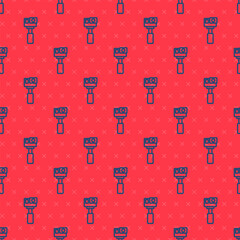 Poster - Blue line Action extreme camera icon isolated seamless pattern on red background. Video camera equipment for filming extreme sports. Vector