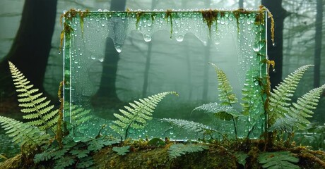 Aufkleber - Forest scene, mossy frame. Ferns surround damp glass, misty trees visible beyond. Natures beauty, serene atmosphere.