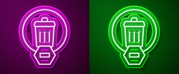 Fototapete - Glowing neon line Trash can icon isolated on purple and green background. Garbage bin sign. Recycle basket icon. Office trash icon. Vector